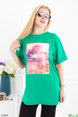 Women's green oversized T-shirt with a pattern
