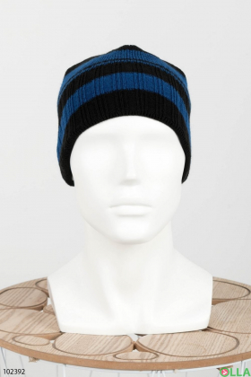 Men's winter black and blue striped hat