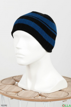 Men's winter black and blue striped hat