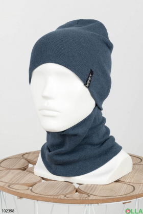 Мужской зимний синий набор шапка с хомутом