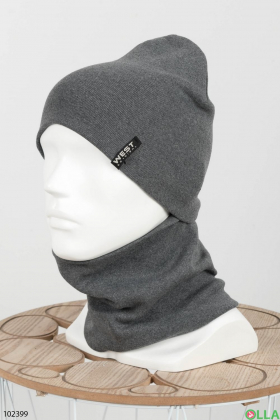 Мужской зимний серый набор шапка с хомутом