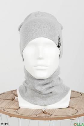 Мужской зимний светло-серый набор шапка с хомутом