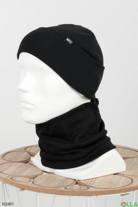 Мужской зимний черный набор шапка с хомутом