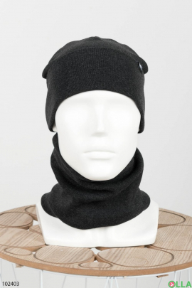 Чоловічий зимовий темно-сірий набір шапка з хомутом