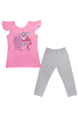Костюм (футболка и штаны) летние для девочки детский KS-19-18-1 Путешествие Розово-Серый на рост (11