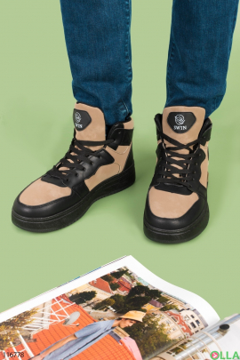 Мужские зимние бежево-черные кроссовки на шнуровке