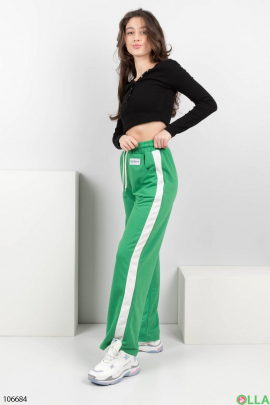 Женские зеленые с белыми вставками спортивные брюки