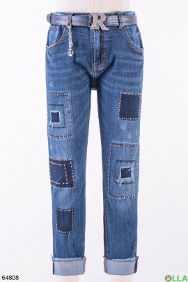 Женские синие джинсы с латками