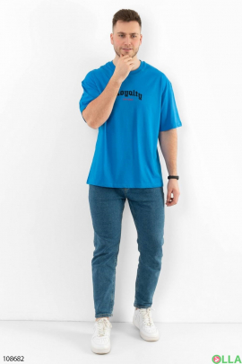 Men's blue T-shirt with a pattern on the back