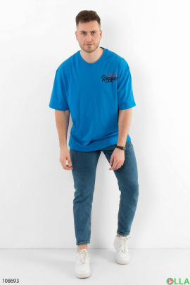 Men's blue T-shirt with a pattern on the back
