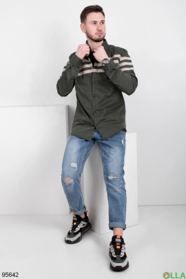 Мужская джинсовая рубашка цвета хаки с полосками 