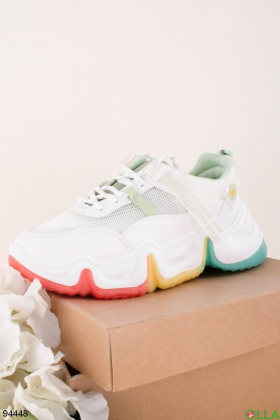 Women's white sneakers with multicolored soles