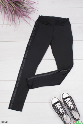 Women's black leggings with eco-leather inserts