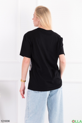 Женская черная футболка оверсайз с принтом