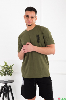 Мужской черно-зеленый комплект батал из футболки и шорт