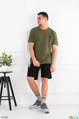 Мужской черно-зеленый комплект батал из футболки и шорт 