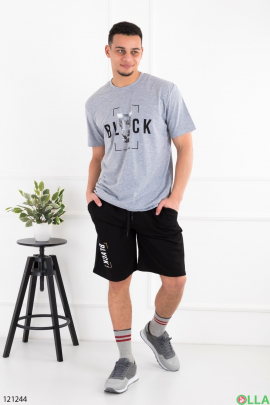 Мужской черно-серый комплект батал из футболки и шорт 