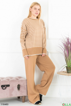 Women's winter beige striped sweater and trouser suit