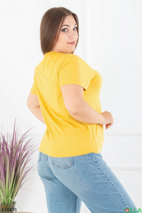 Жіноча жовта футболка батал з принтом