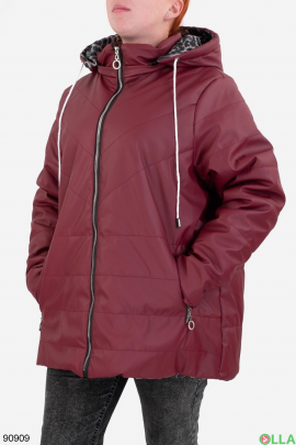 Жіноча бордова куртка з еко-шкіри, з капюшоном