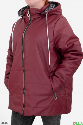 Женская бордовая куртка из эко-кожи, с капюшоном