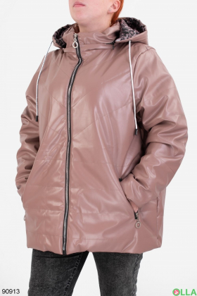Женская бежевая куртка из эко-кожи, с капюшоном