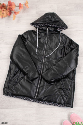 Женская черная куртка из эко-кожи, с капюшоном