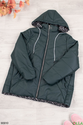 Women's green jacket made of eco-leather, with a hood