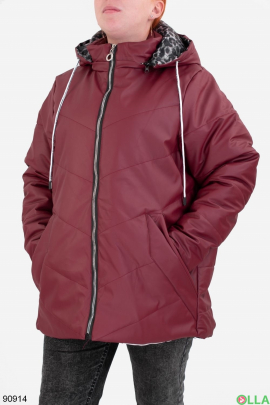 Жіноча бордова куртка з еко-шкіри, з капюшоном