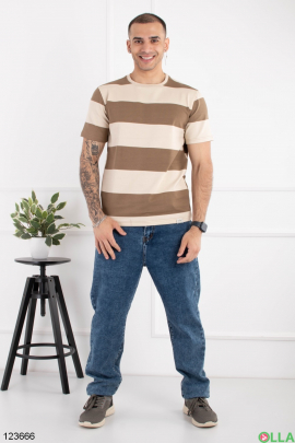 Мужская бежево-коричневая футболка оверсайз в полоску