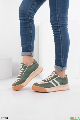 Женские бежево-зеленые кроссовки