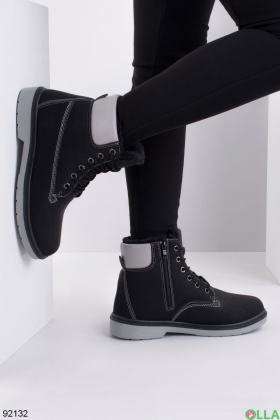 Жіночі зимові чорно-сірі черевики з еко-шкіри