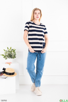 Women's blue and beige striped T-shirt