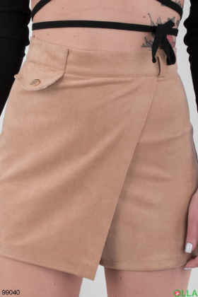 Женская бежевая юбка-шорты из эко-замши