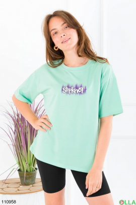 Женская бирюзовая футболка оверсайз с принтом