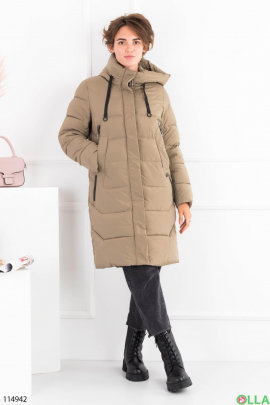 Женская зимняя куртка цвета хаки с капюшоном