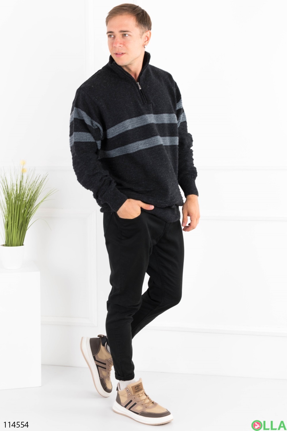 Мужской черно-серый свитер с молнией