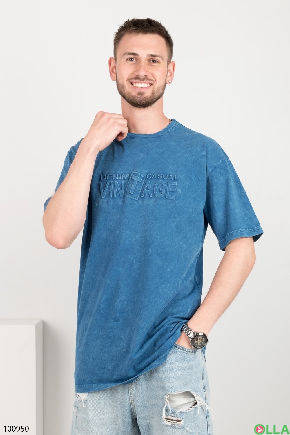 Чоловіча синя футболка з написом
